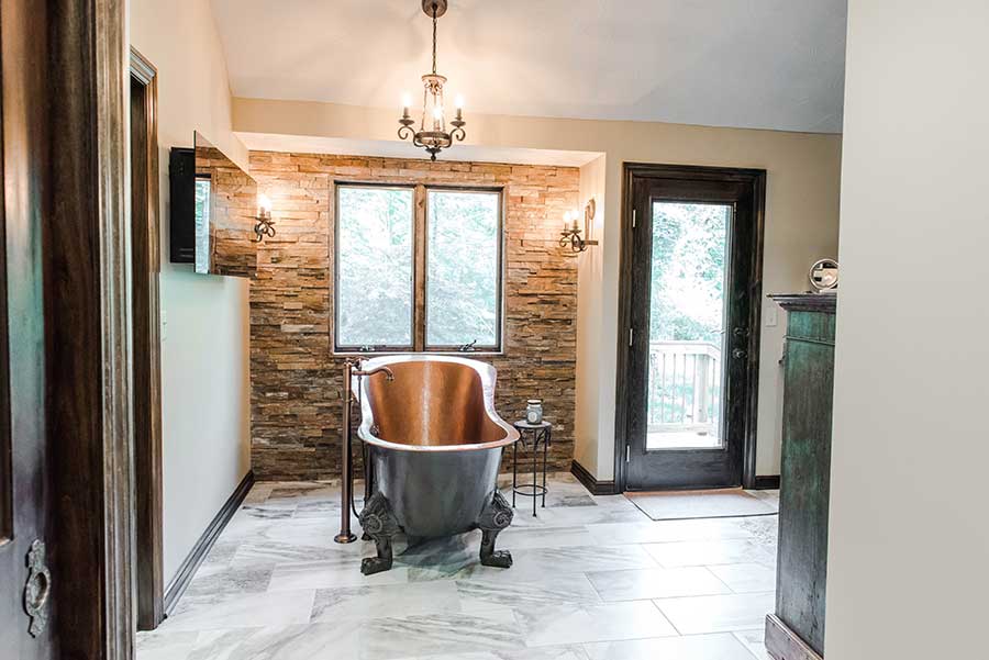 After - Free-standing Copper Bathtub & Stacked Stone Accent Wall